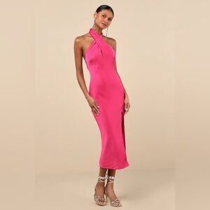 Lulus Beyond Classy Hot Pink Satin Halter Midi Dress